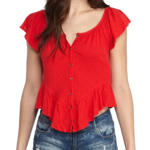 Free People Red Ruffled Peplum Top - Picture 5 of 7